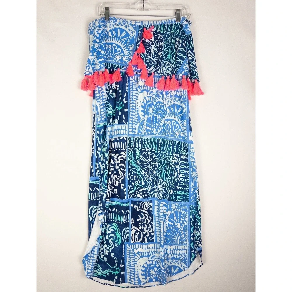 NWT Lilly Pulitzer Meridian Midi Dress Womens L Indigo Black Off Shoulder Pom Po